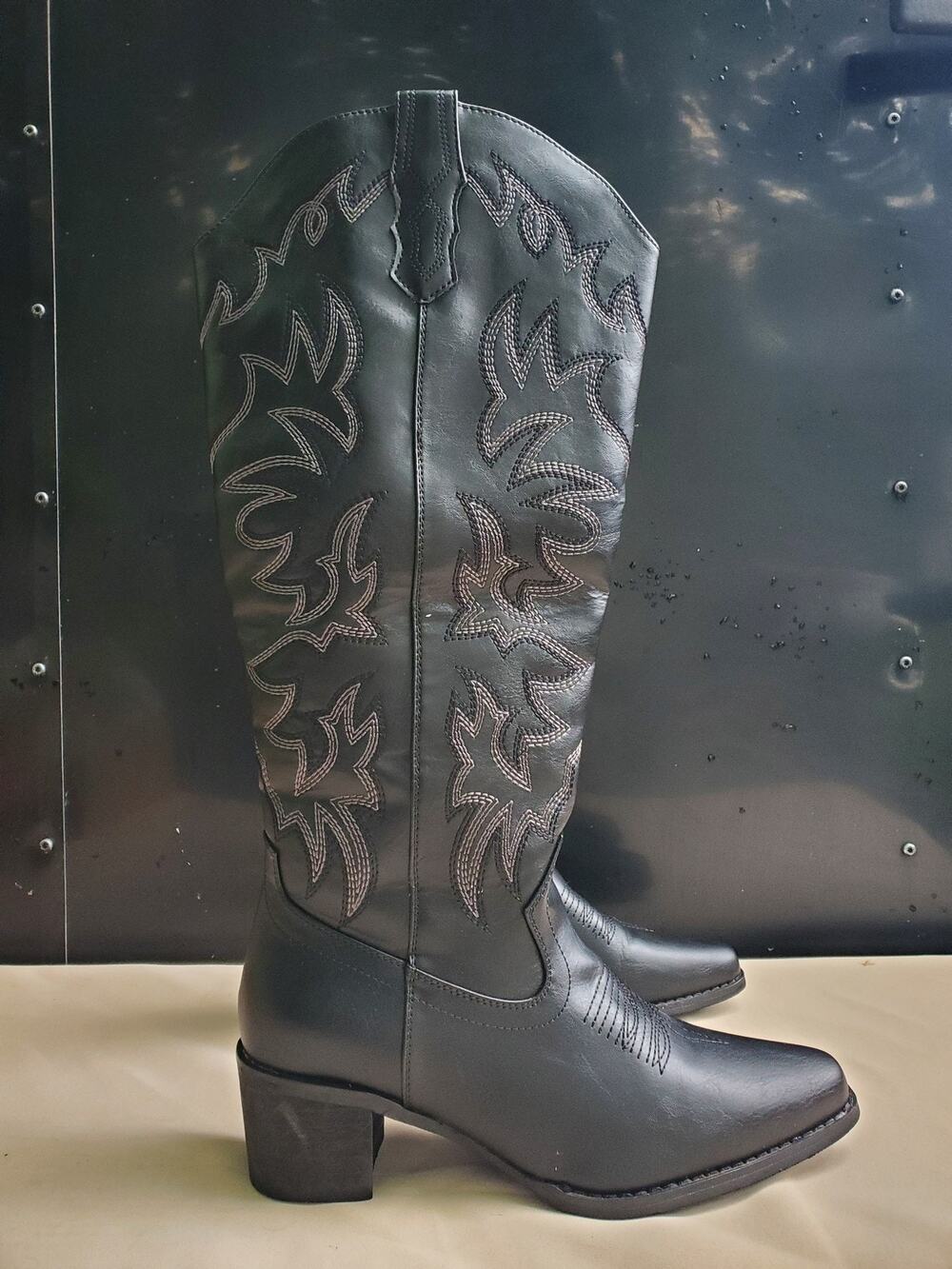 TLV Womens Cowboy Western Boots Size 7 Black Knee High Embroidered Pointed Toe